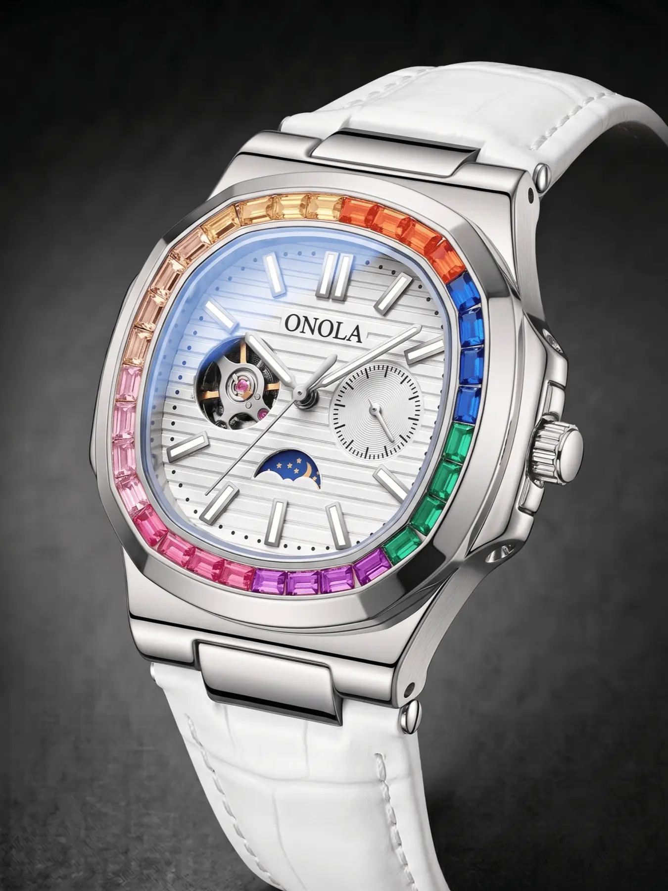 ONOLA Men Mechanical Watch, Automatic Luxury Business Dress Watch, Automatic Mechanical Men Wrist Watch Rainbow Inlaid Bezel Moon Phase Display Hollow Diamond Men Watch