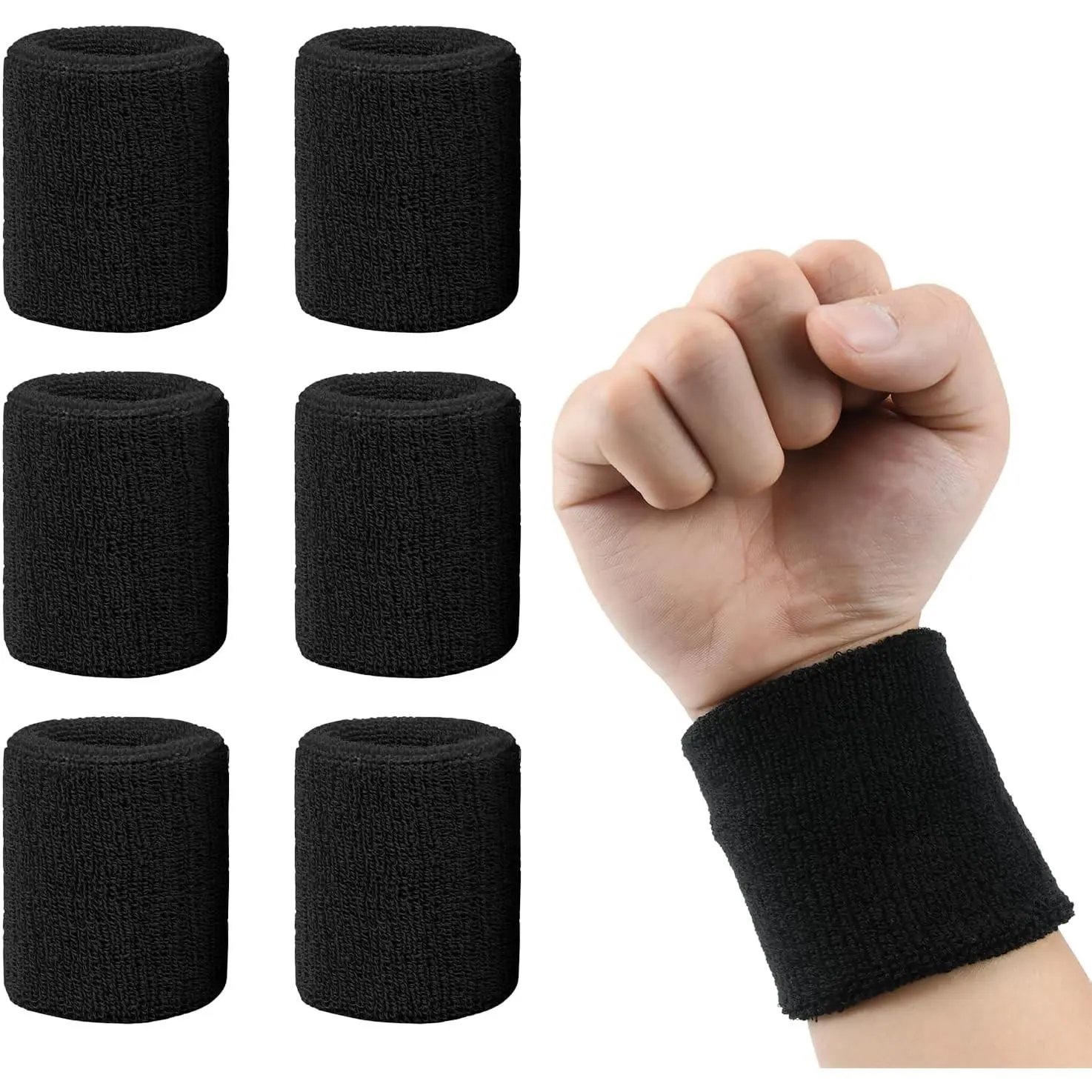 6 Pack Sweatbands for Men & Women - Breathable Cotton Wristbands for Running, Basketball, Football, Workout & Athletic Sports, Black