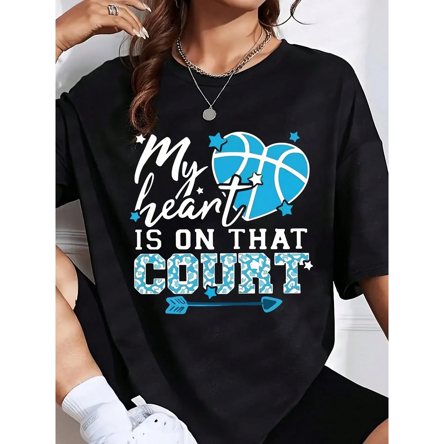 Women's Knitted Short-Sleeve Cotton Fabric Fit Basketball Graphic T-Shirt - Sports Fan Gift, Athletic Casual Top, 220g Holiday/Festive Occasion Present for Friends/Family, Shortsleeve, Piece