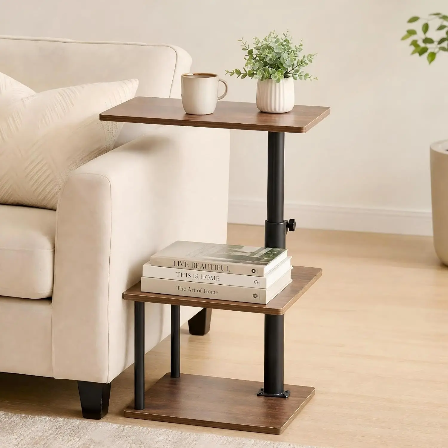 C Shaped Swivel End Table with Storage,Height Adjustable Side Table for Couch,Sofa Table with 3 Shelves,Walnut/Brown/Black/Grey
