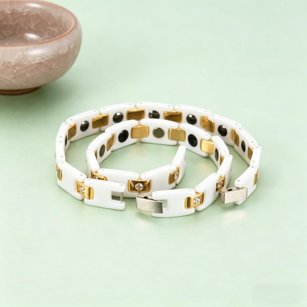 Men Women's Ceramic Bracelet, Health Energy Hematite Bracelet, Gold Tone AAA Cubic Zirconia Wrist Chain for Ladies