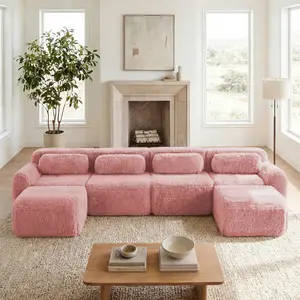 U-shaped Boneless Sofa, 32D High Density Sponge Bottom, Anti-Slip Design, No Assembly Required Ergonomic Design, Free Combination Full-compression Vacuum Packaging, for Living Rooms, Chcolate, Pink