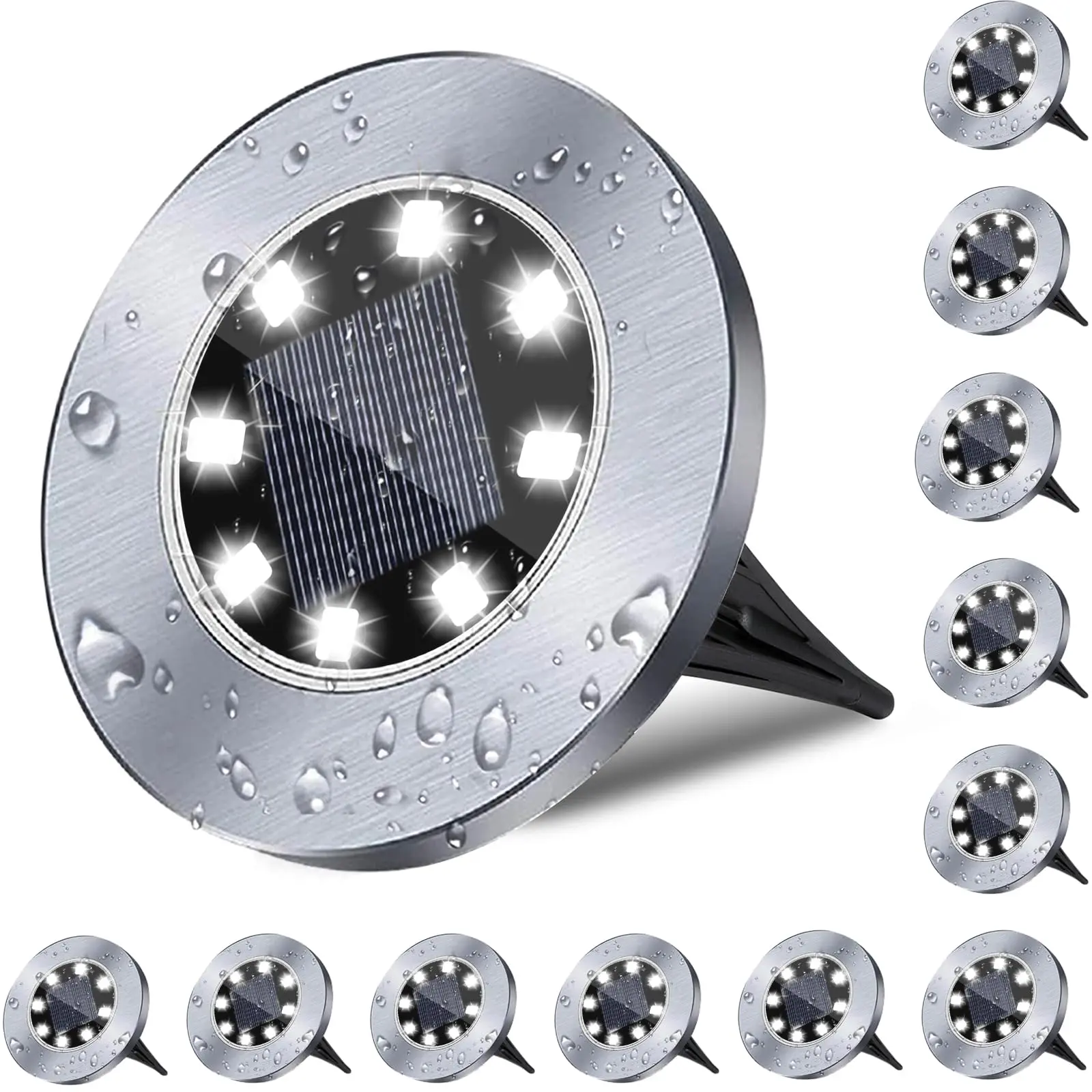 12-Pack White Stainless Steel Solar Ground Lights (4.6in Diameter), Automatic Waterproof LED Landscape Lights with Solar Panel for Driveway, Courtyard, Pathway Outdoor Lighting Modern