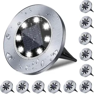 4.6 Inch Diameter Solar Ground Lights, Waterproof Solar Garden Lights, Outdoor Garden Waterproof Bright in-Ground Light, Landscape Lighting for Pathway,Yard,Lawn,Patio,Walkway (12 Pack White Light), Stainless Steel, Solar Powered