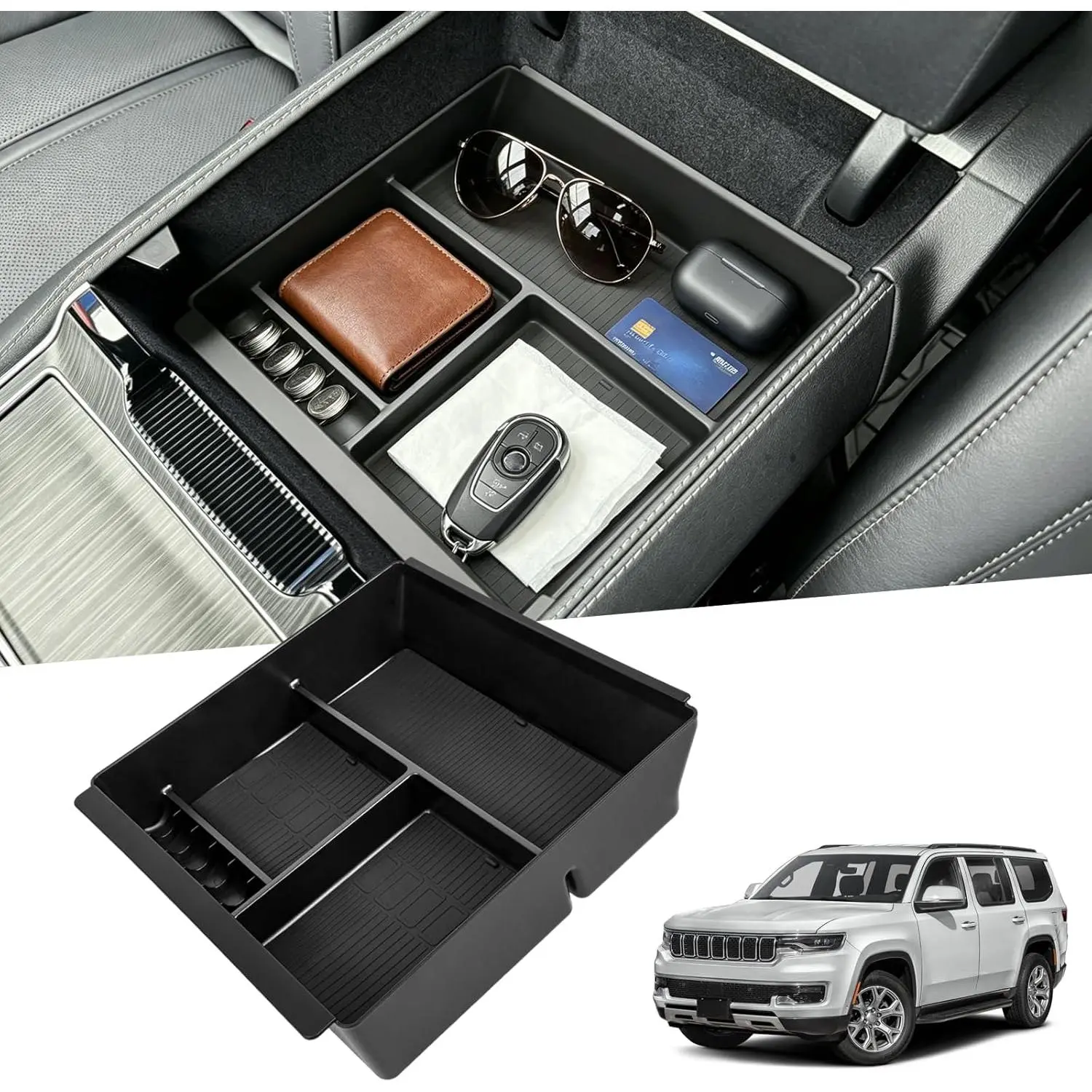 Center Console Organizer Tray Compatible with 2022-2025 2026 Jeep Wagoneer/L & Grand Wagoneer/L Accessories,Armrest Storage Box Insert with Coin Slot, Car Interior Accessories (Not for Wagoneer S)