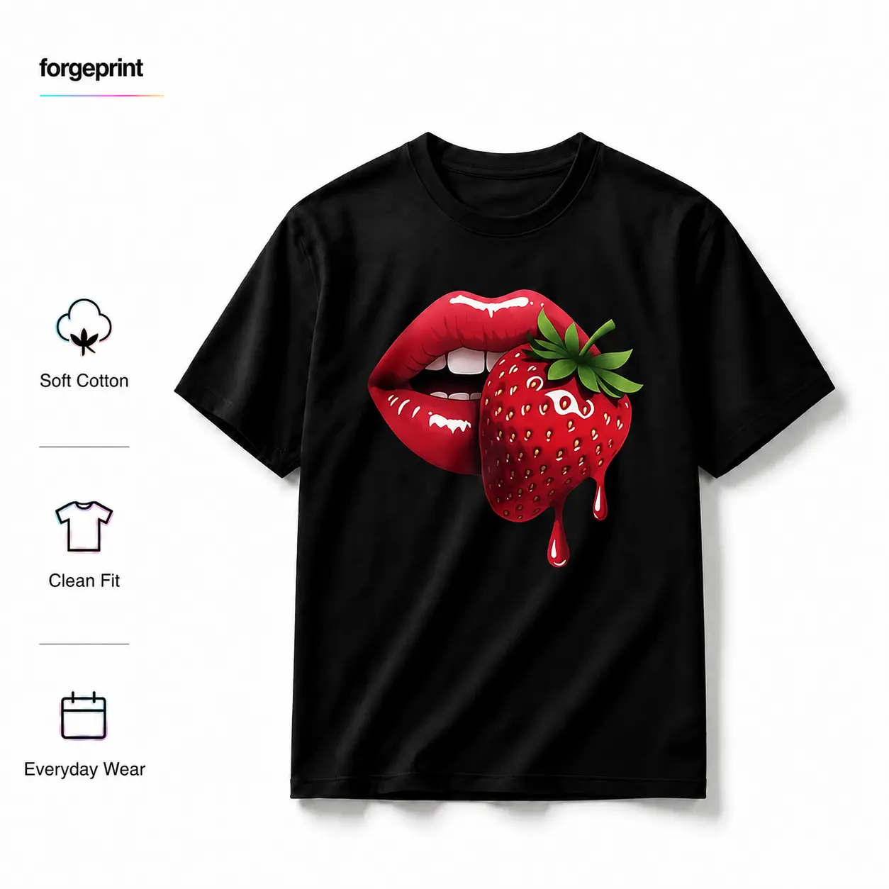 Women's Casual Short-Sleeve T-Shirt Top - Strawberry Lip Print, Comfortable Fit Fabric Piece, Machine Washable, Ideal for Spring & Summer, Perfect Gift for Sisters Cotton Crewneck