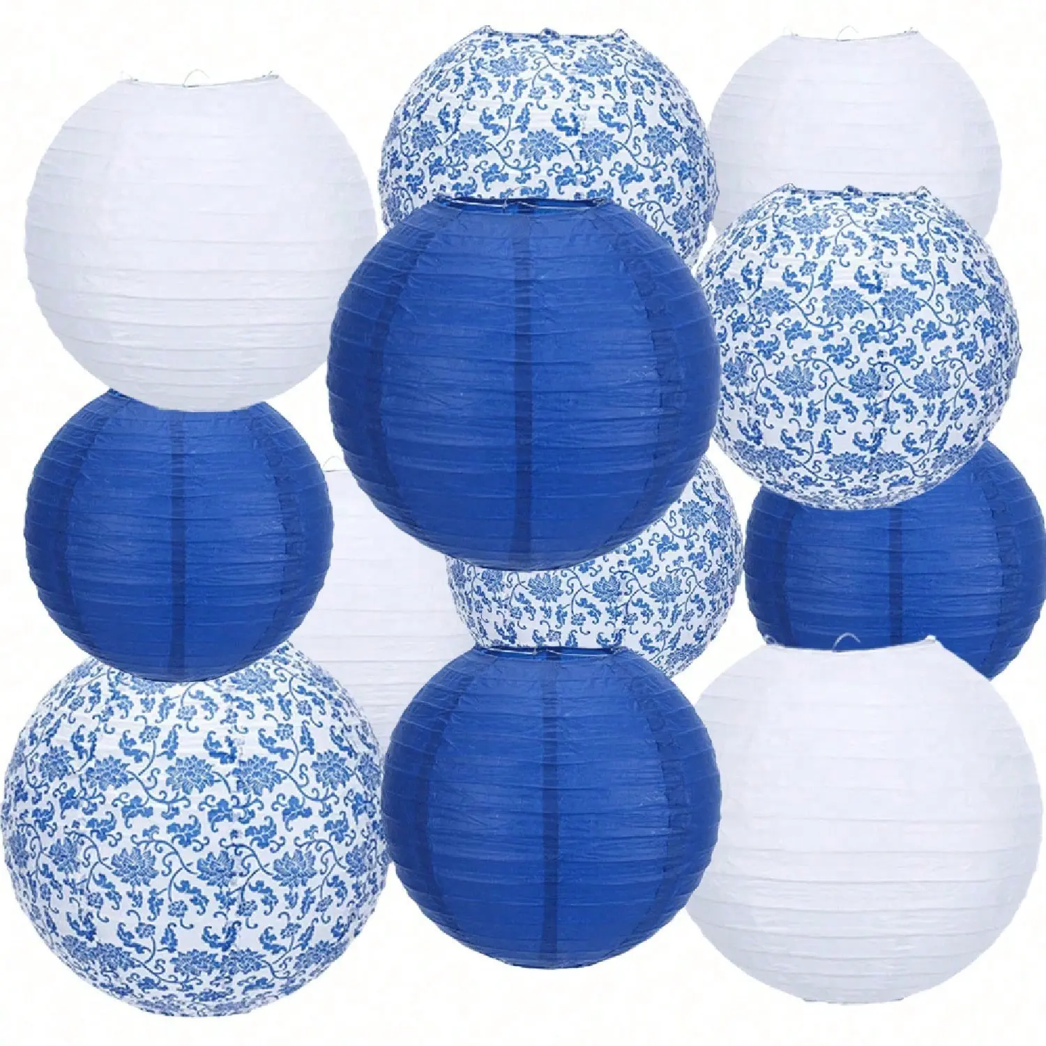 12 Pieces Blue and White Porcelain Design Paper Lanterns with Traditional Chinese Blue and White Porcelain Patterns, Suitable for Festivals, Celebrations, Parties and Home Decoration.