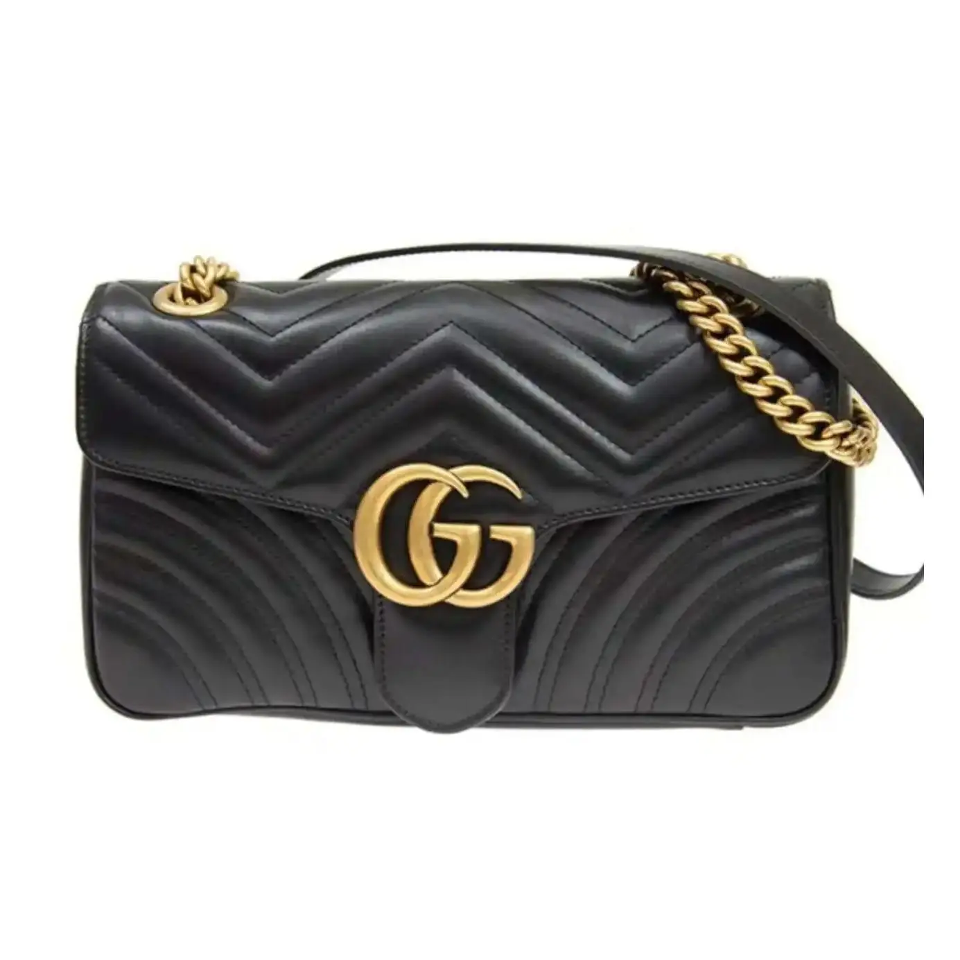 Pre-owned GUCCI GG Marmont Medium 26cm Black Matelassé Chevron Leather Shoulder Quilted Purse