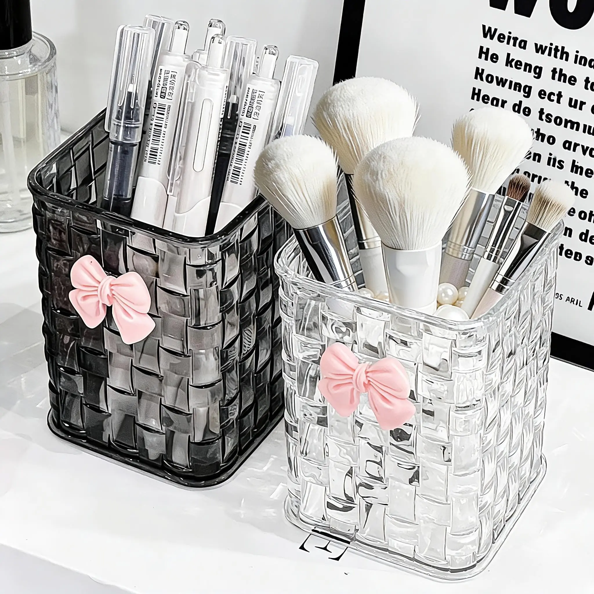 Clear Acrylic Desk Organizer Tidy with Bow Accent, Durable Pen Holder & Storage Basket for Office Supplies, Pens, Accessories, Desktop Organizer, Office Supply Organizer