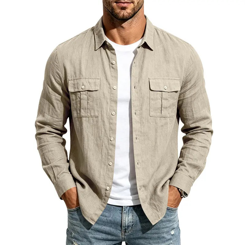 Men’s Linen Long Sleeve Shirt, Casual Relaxed Fit Turn-Down Collar Button Up Top with Double Chest Pockets, Lightweight Utility Workwear Shirt for Spring Fall Daily Wear, Travel, Outdoor Activities and Weekend Fashion