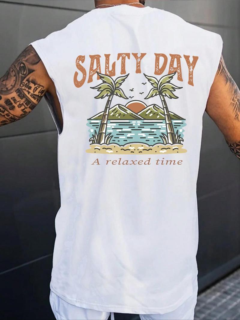 Men's Regular Fit Palm Tree & Mountain Print Tank Top, Casual Street Sleeveless Top for Daily Wear, Men's Clothes for All Seasons, Sleeveless Tank Tops, Socks