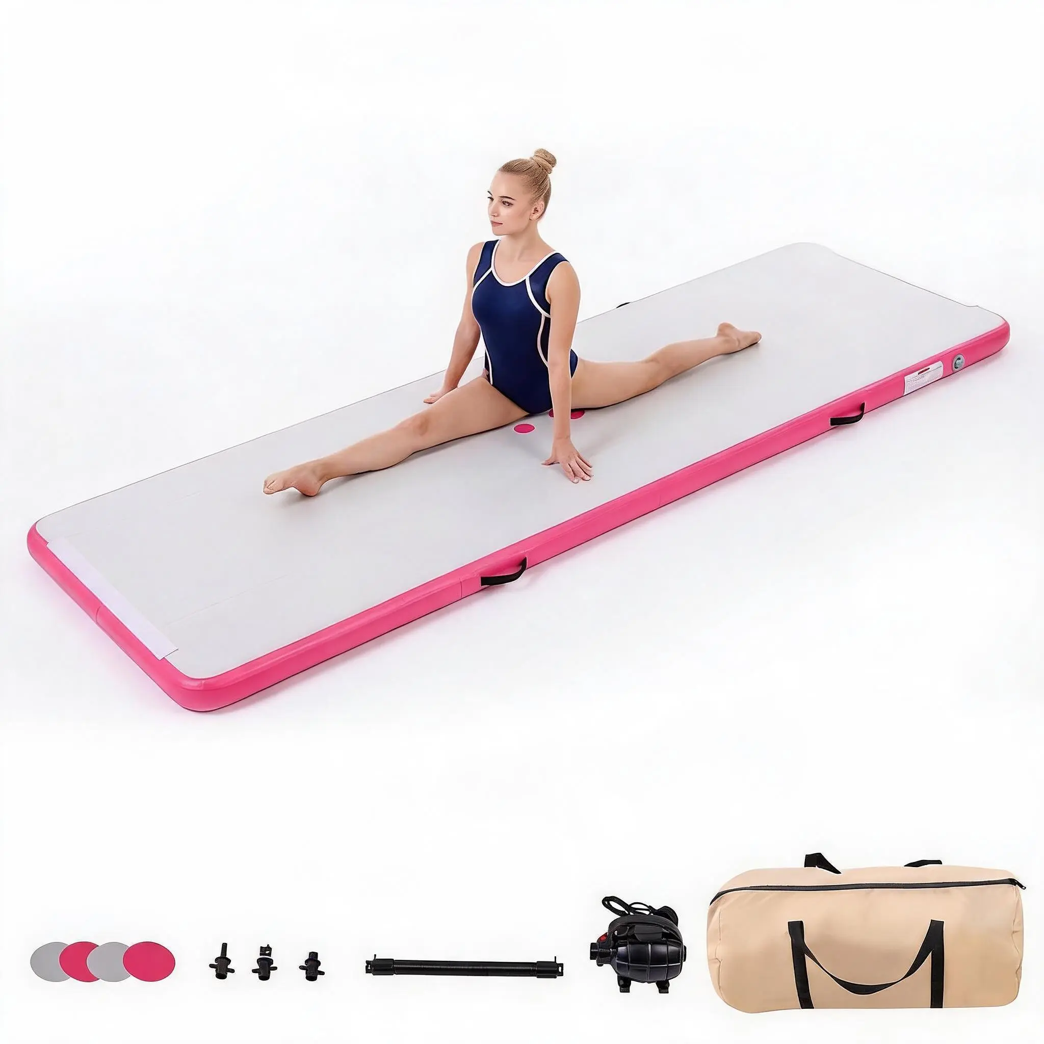 Inflatable Air Gymnastics Mat, 10ft/13ft/16ft Training Mat with Air Pump & Storage Bag, Tumble Track Mats, 4 Inches Thickness Gymnastics Tracks for Outdoor Cheerleading Yoga Exercise, Pink/Blue
