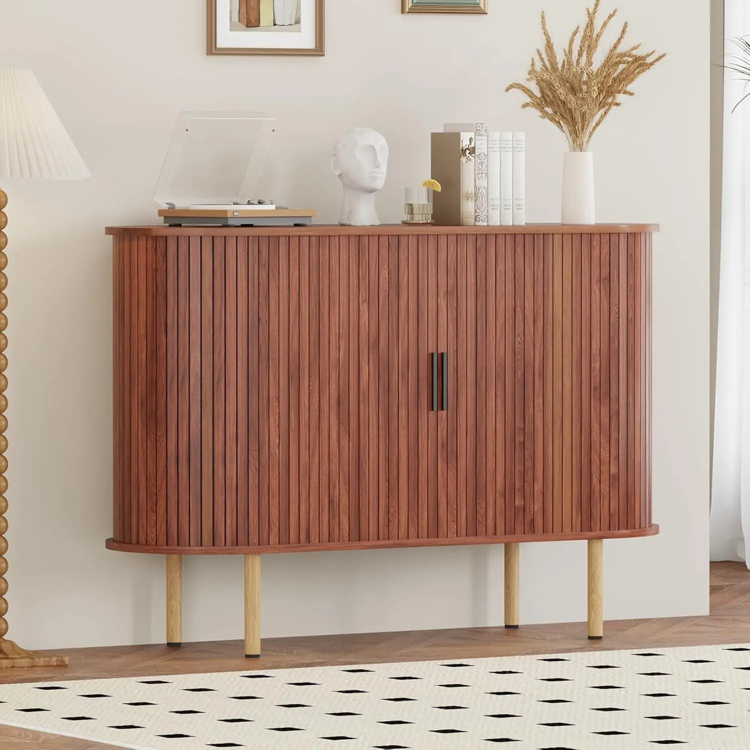 Garvee 47" Fluted Sideboard Buffer Cabinet with Sliding Doors, Modern Wood Accent Storage Cabinet with Adjustable Shelves, Cabinets Console Table for Living Room, Kitchen, Dining Room, Entryway, Walnut