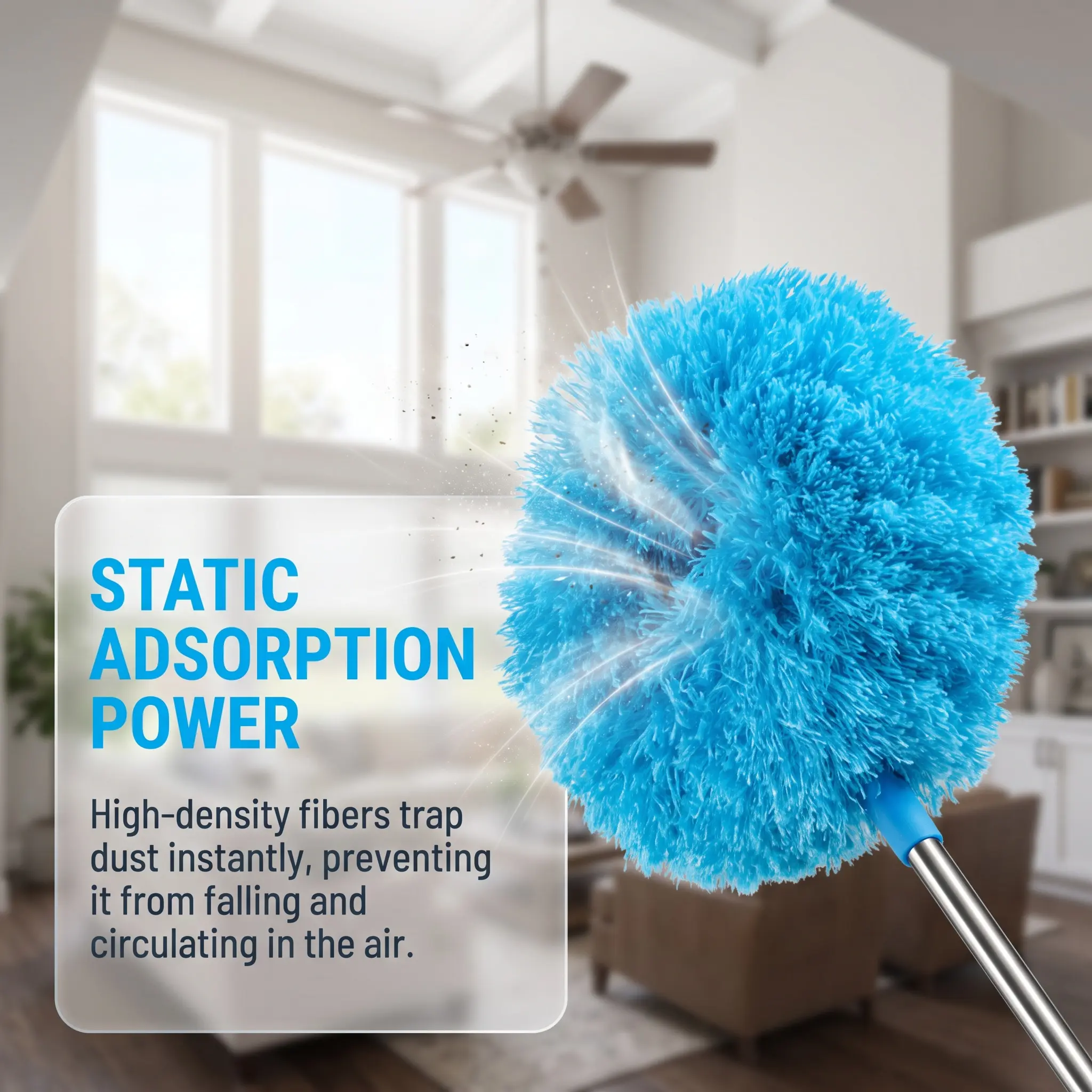Extendable Microfiber Ceiling Fan Duster - Long Handle, Dust-Locking, Reusable, Lightweight Design for Everyday Light Household Cleaning, Ideal for Ceiling Fans, Walls & Hard-to-Reach Areas-YY2