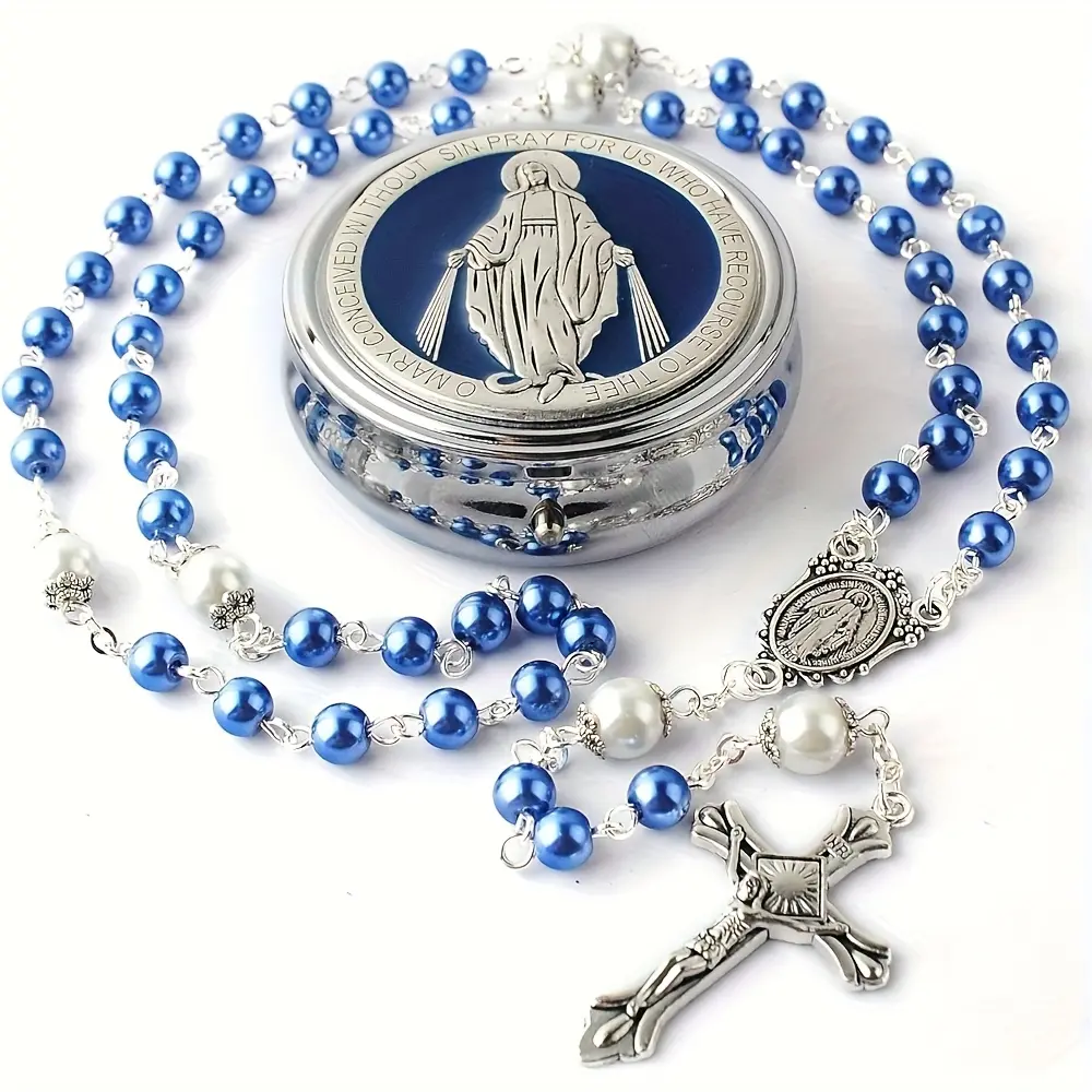 A Set of Glass Pearl Beads Combined with The 'Holy Father' Beads And The Top Bead in The Rosary, Presented in a Metal Gift Box
