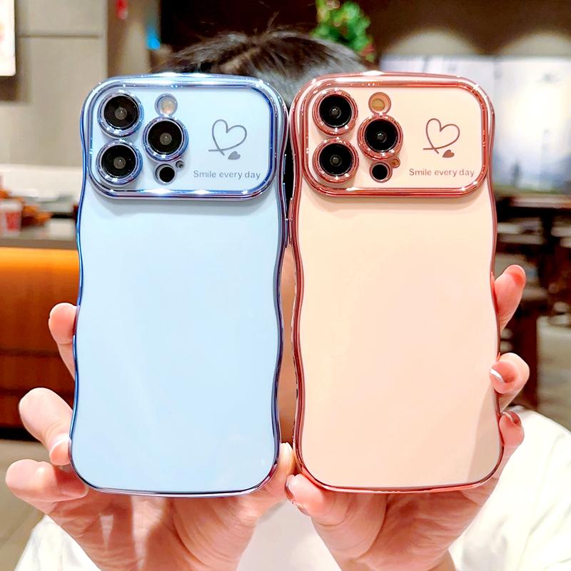 OREKROY [FreeShip] Cute Wave Shape with Love Heart Raised Camera Protection Phone case For iPhone 16 15 14 13 1211 Pro Max Accessories Durable Silicone Shiny Silicone Shiny Wavy