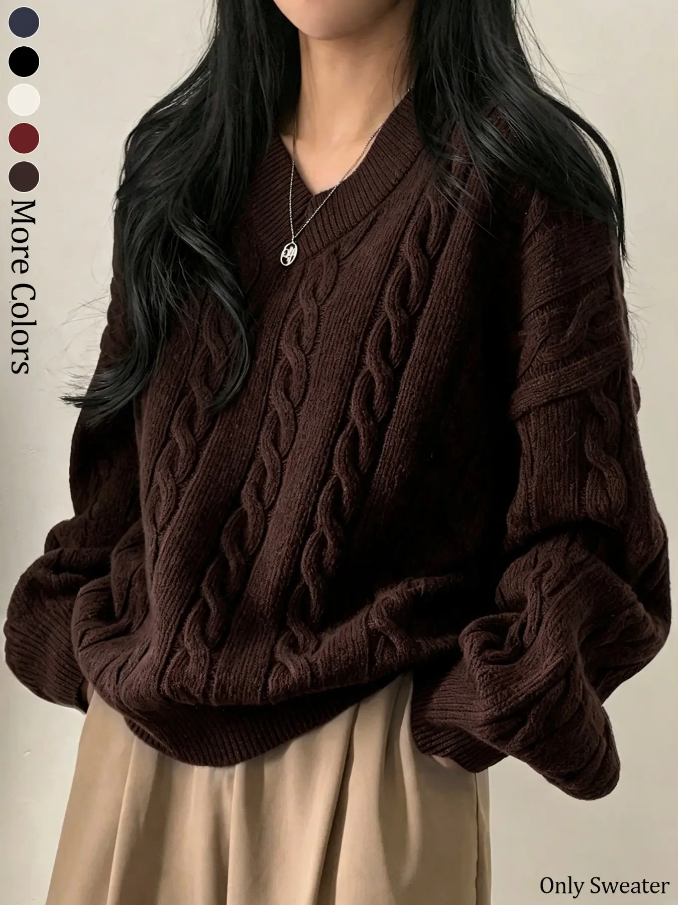 Women's Fall & Winter Casual V-Neck Sweater, Long Sleeve Loose-Fit Acrylic Fabric Knitwear, Trendy Street Style, Versatile & Comfortable