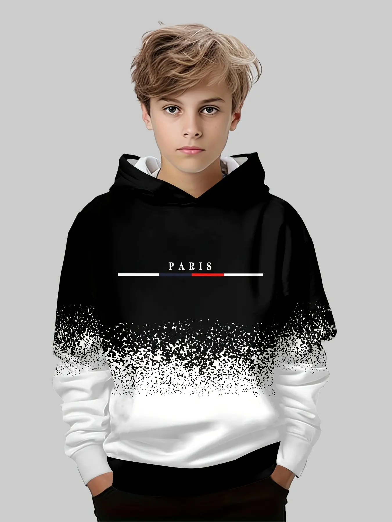Youth Boys Colorblock Hooded Sweatshirt, Casual Fashion Sweatshirt, Paris Letter Geometric Stripe Gradient Print, Long Sleeve Pullover Hoodie, Casual Winter Top