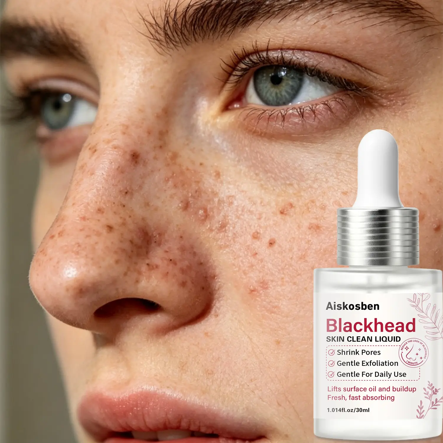 Gentle Facial Cleansing Essence, Blackhead Care Around Nose, Hyaluronic Acid Pore Refining Serum, Quick Absorption, Oil Balancing, Unisex, 30ML