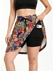 Tennis Skort, High Waist, Drawstring Waistband, Inner Short Lining, With Pocket, Quick Dry, Casual Athletic Wear