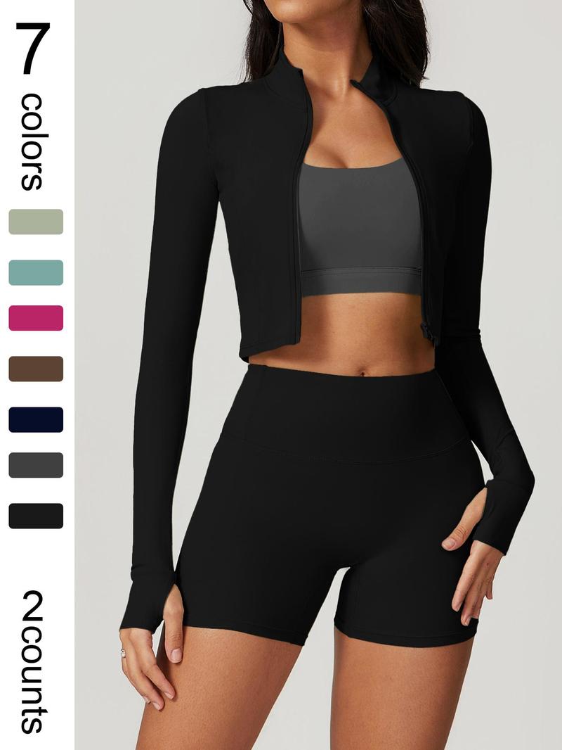 Women's high elastic soft standing neck zipper waist length shaping jacket high waist beautiful buttocks shorts yoga suit set Fitness Outfits Outdoor Running Cycling, Mountaineering Strolling Set Gym Sports Training Fashion Coat Shorts