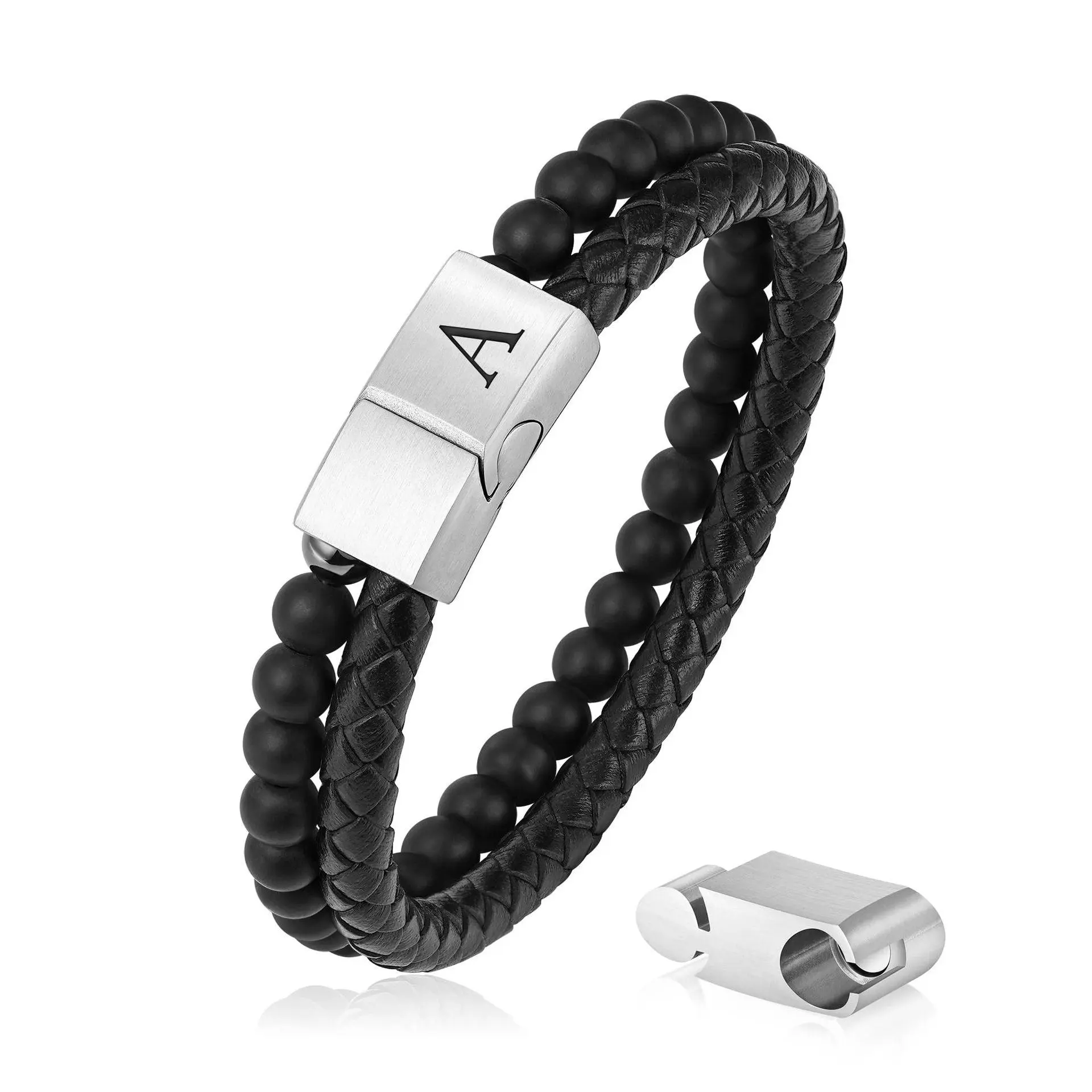 Minimalist Mens Bracelet, Black Beaded Leather Initial Bracelet Chic Matte Agate Stone Handmade Bracelets Adjustable Stainless Steel Magnetic Clasp Mens Jewelry Holiday Gift
