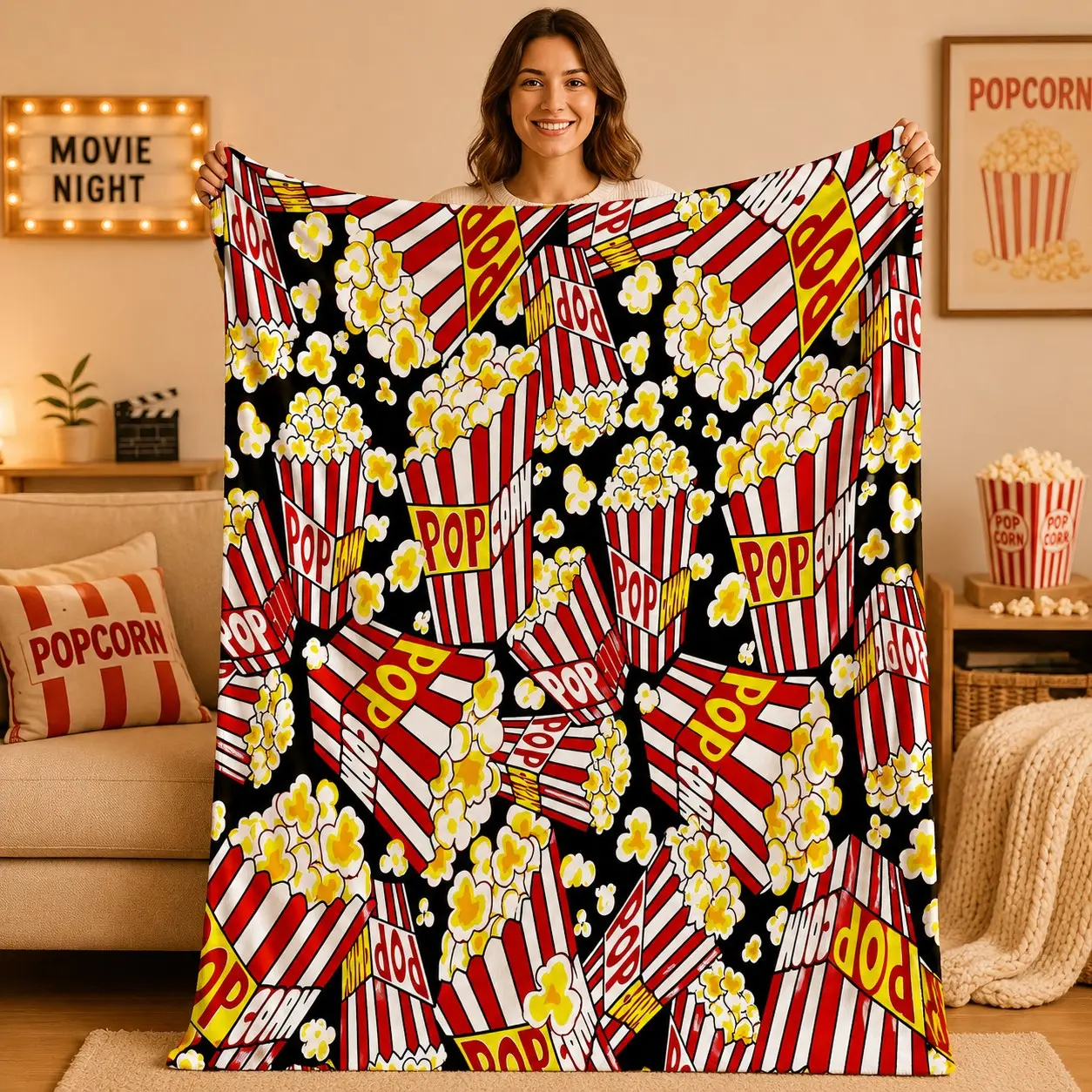 1pc Movie Theater Popcorn Flannel Blanket, Vintage Cinema Popcorn Bucket Print Soft Warm Fleece Throw Blanket for Sofa Bed Office Camping Travel Birthday Christmas Gift