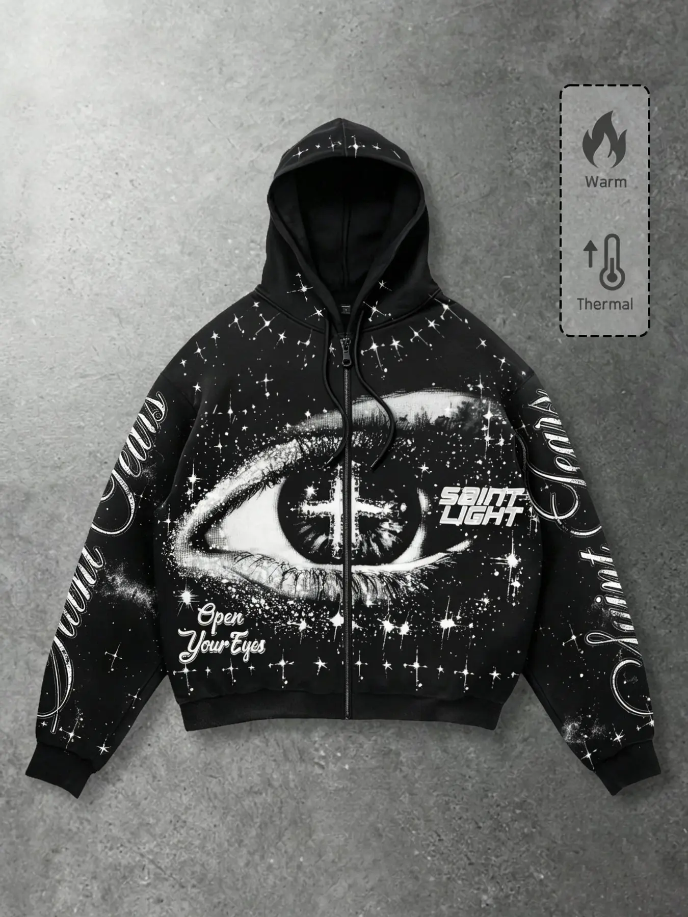 Men's Black Allover Starry Sparkle Giant Eye Cross Letter Slogan Print Full Zip Drawstring Cropped Hoodie, Long Sleeve Ribbed Trim Detail Loose Fit Gothic Dark Street Y2K Style Casual Daily Top