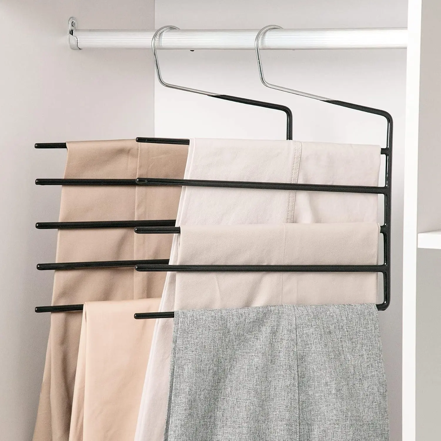 Metallic 3-Pack 5-Tier Open-Ended Pants Hangers, 13.8x13.4" Rectangular Heavy-Duty Space-Saving Anti-Slip Closet Organizer for Pants/Scarfs Trousers Jeans, Slip-Proof