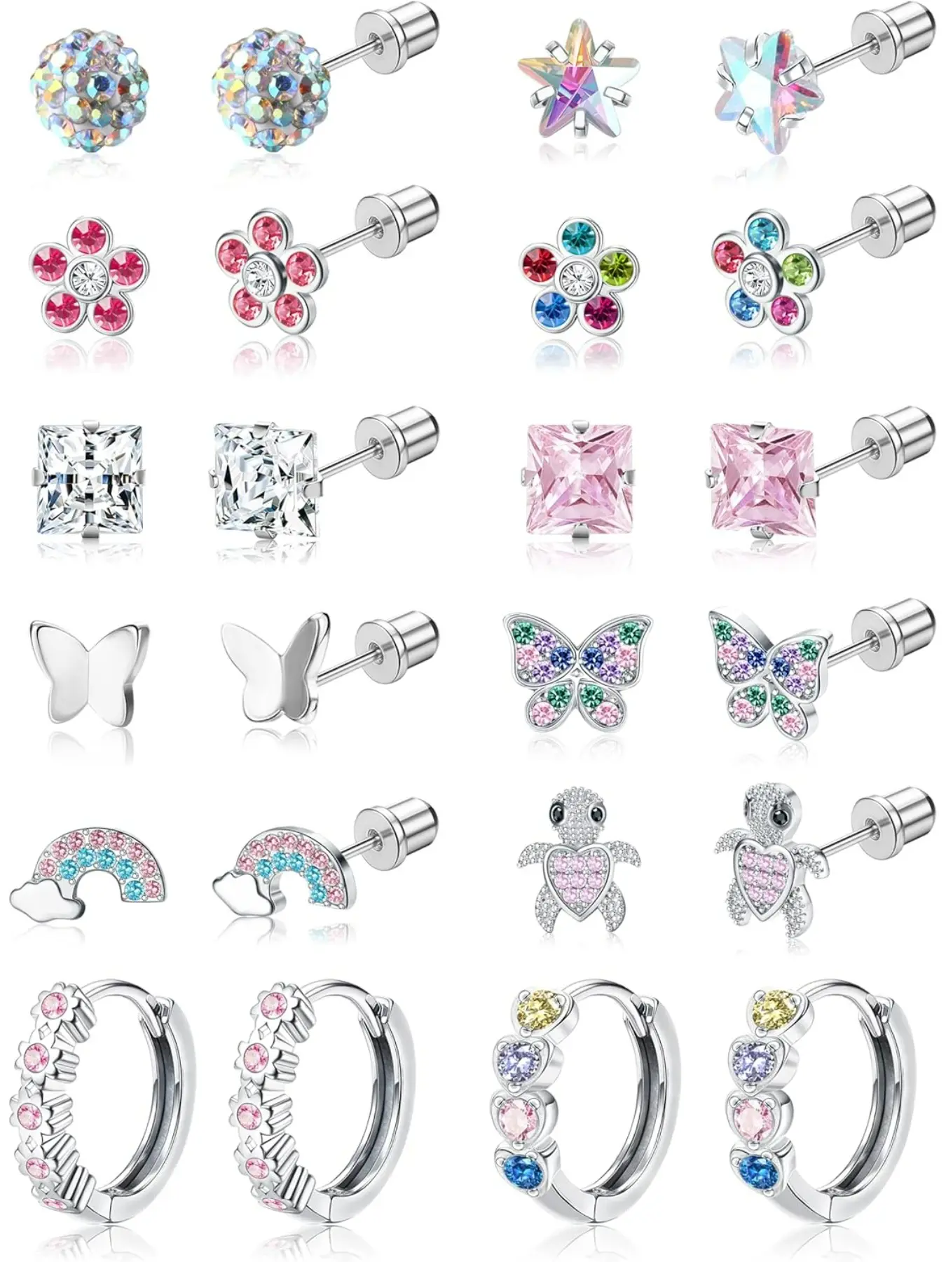Hypoallergenic Surgical Stainless Steel Earrings for Girls Kids Women - 12 Pair Screw Back Earrings for Sensitive Ears Cute Flower Butterfly Toddler Stud Hoop Earrings Screwback Girl Earrings