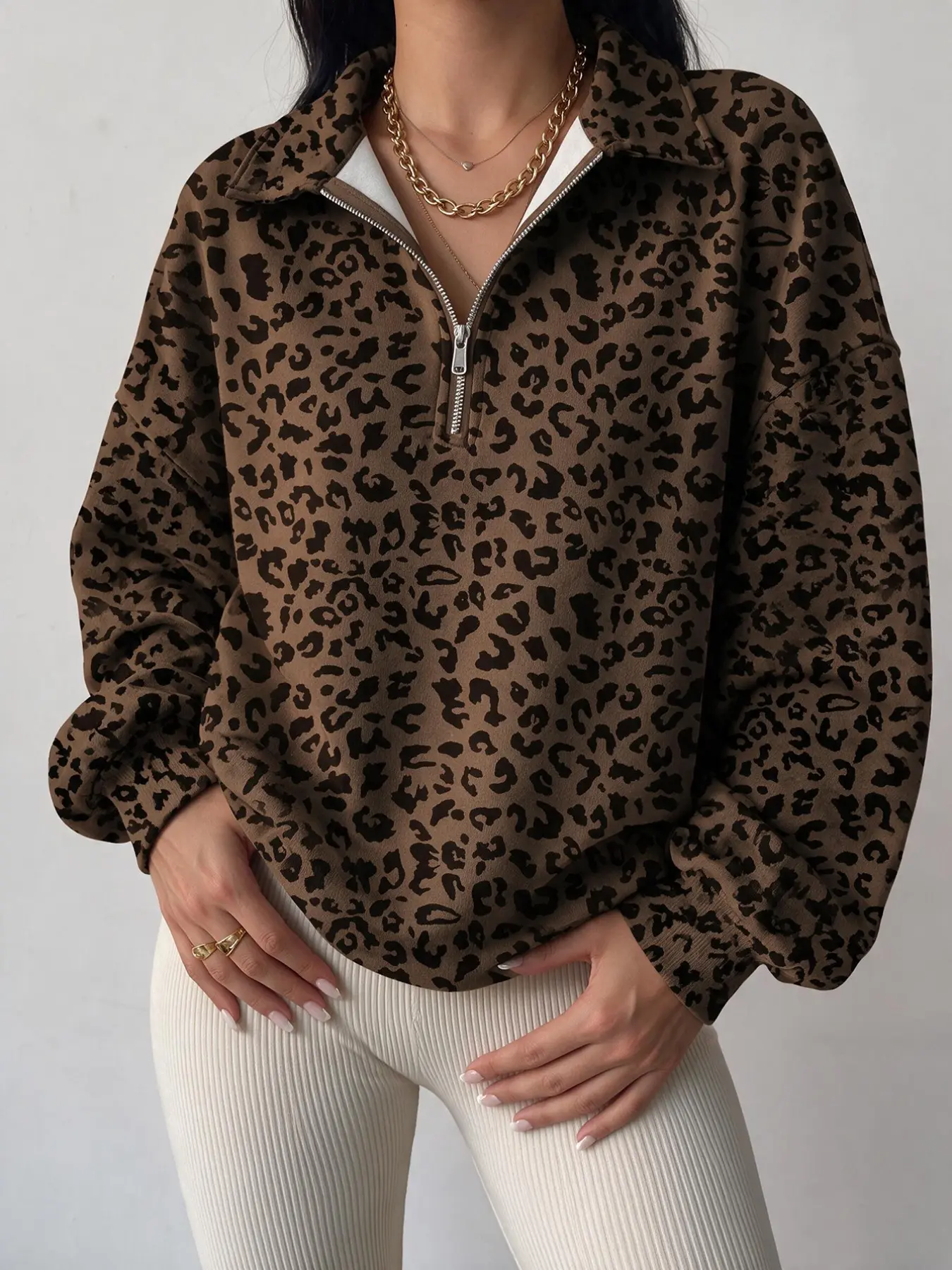 Leopard Print Half Zip Polo Collar Oversized Sweatshirt, Casual Long Sleeve Pullover for Women Daily Wear
