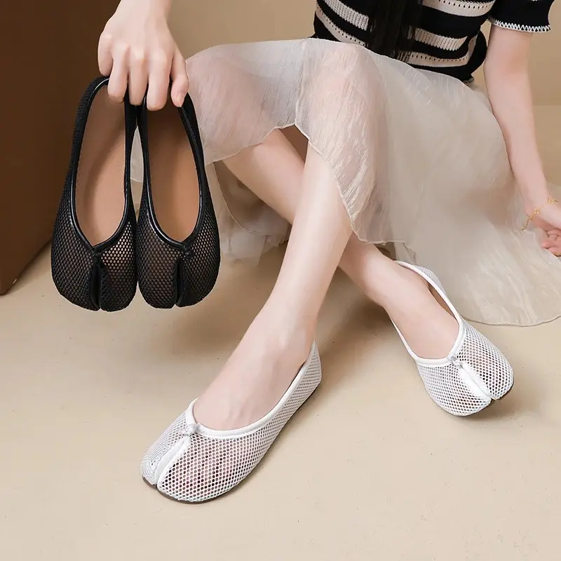Women Mesh Tabi Split Toe Ballet Flats Summer Breathable Hollow Out Slip On Loafers Casual Comfortable Flat Shoes Zapatos Mujer