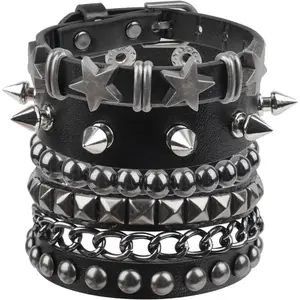 4 Pcs Punk Rock Studded Bracelet Set Leather Cuff Bracelets for Men Women 80s Emo Goth AccessoriesGift.