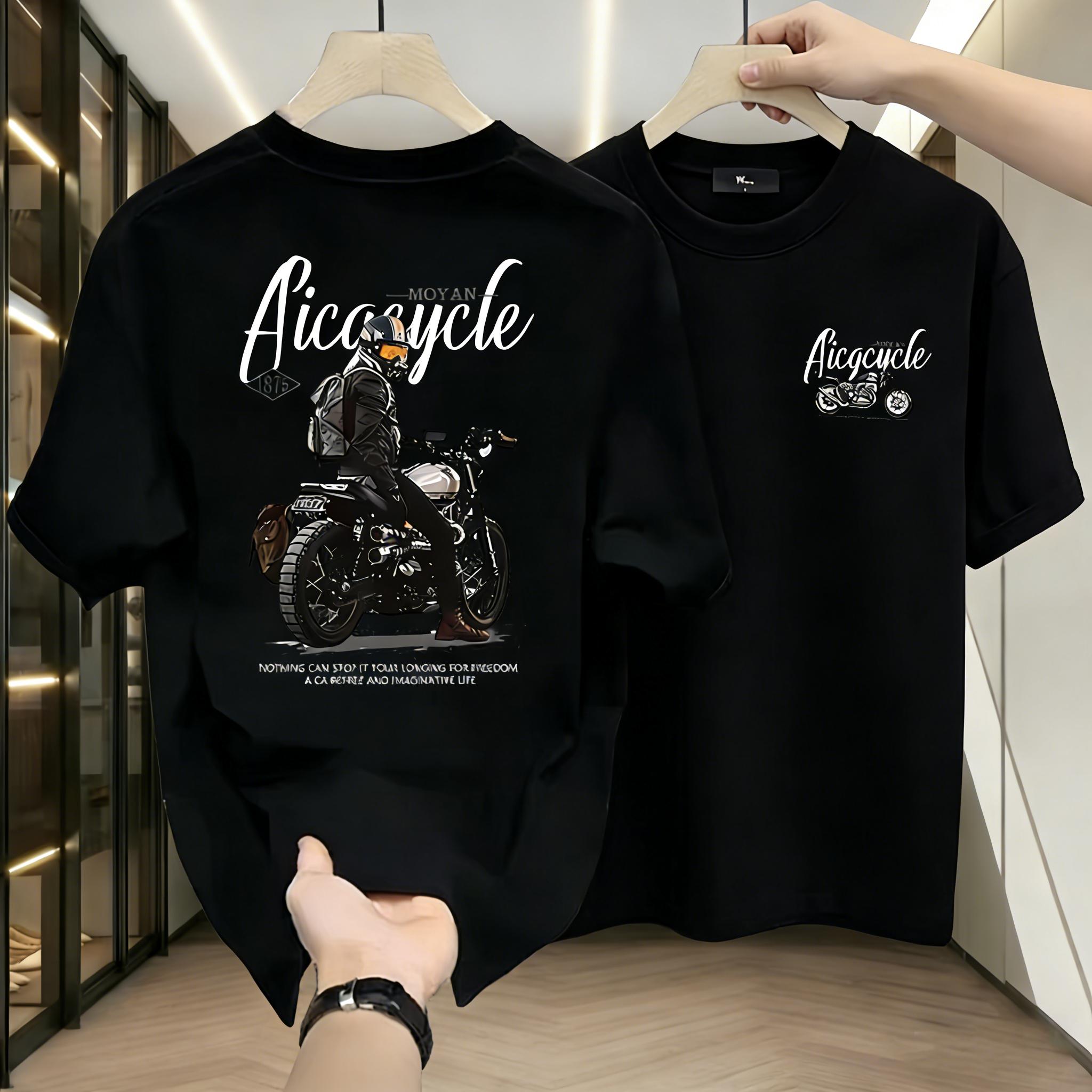 "MOYAN Aicacycle 1875 Vintage Motorcycle Graphic T - Shirt – Cool Biker Style with 'Nothing Can Stop Your Longing for Freedom' Slogan, Black Casual Tee for Men & Women"