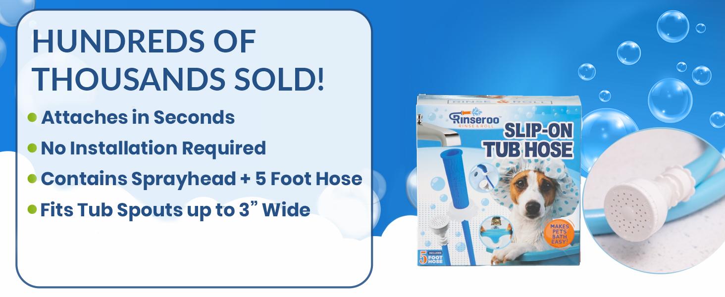 Slip-On Bathtub Faucet Sprayer Attachment. Ultra-Flex Dog Shower Adapter Portable With Pet Showerhead. Attach to Tub Spout 5 Foot Hose. No Install for Speedy Washing