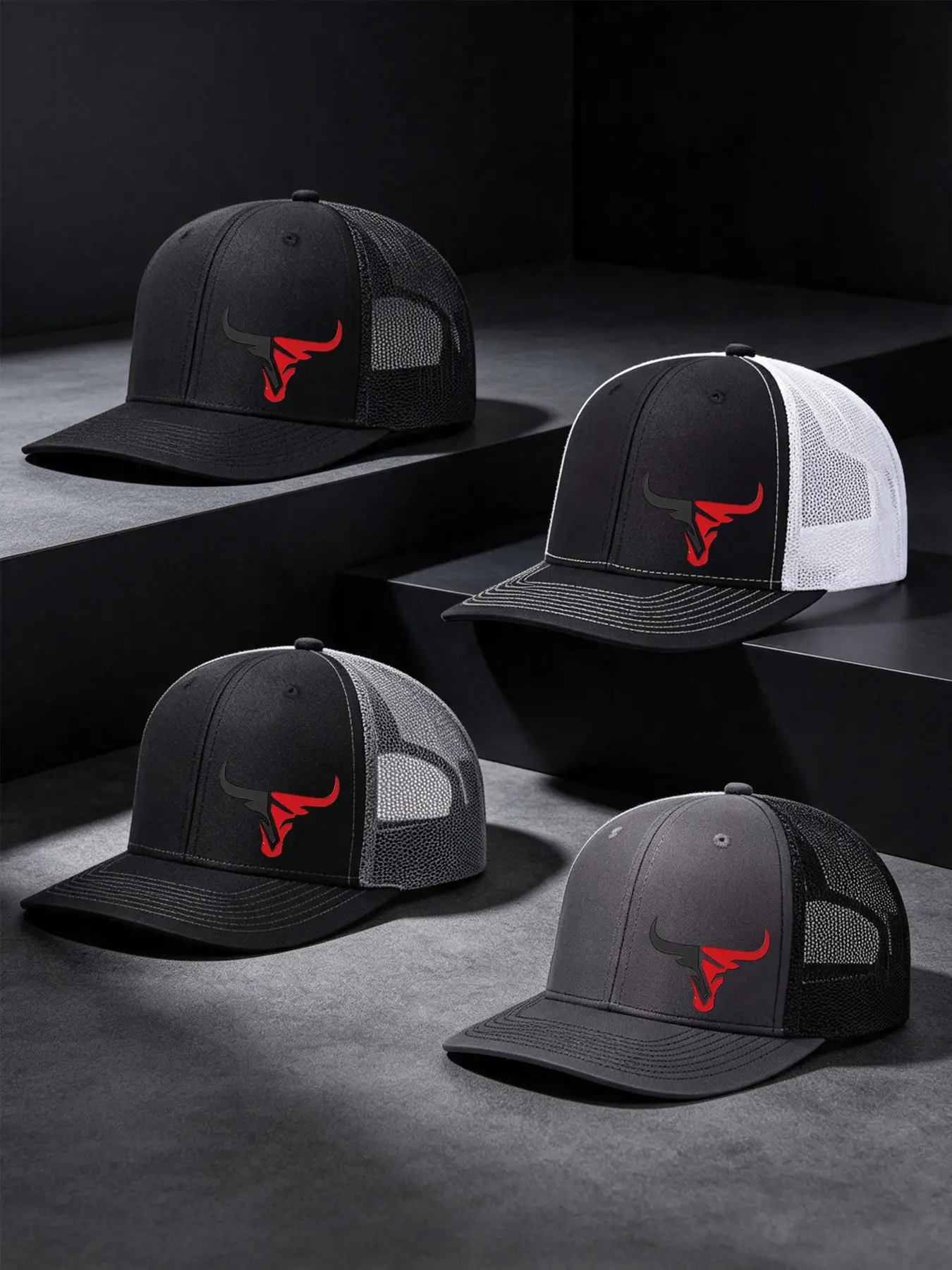 4 Pieces Unisex Bull Head Printed Baseball Cap, Breathable Mesh Hats with Slightly Curved Brim, Adjustable Trucker Hats, Outdoor Sun Hats for Men and Women