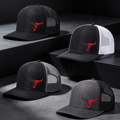 4 Pieces Unisex Bull Head Printed Baseball Cap, Breathable Mesh Hats with Slightly Curved Brim, Adjustable Trucker Hats, Outdoor Sun Hats for Men and Women, Polyester Trucker Hats