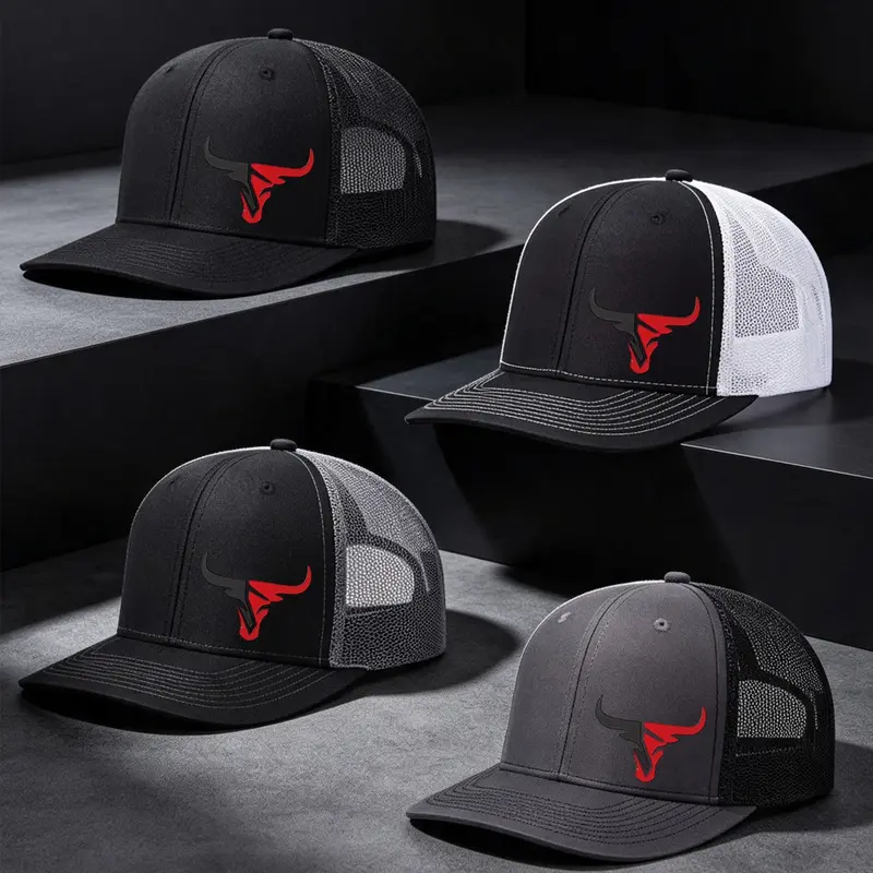 4 Pieces Unisex Bull Head Printed Baseball Cap, Breathable Mesh Hats with Slightly Curved Brim, Adjustable Trucker Hats, Outdoor Sun Hats for Men and Women, Polyester Trucker Hats