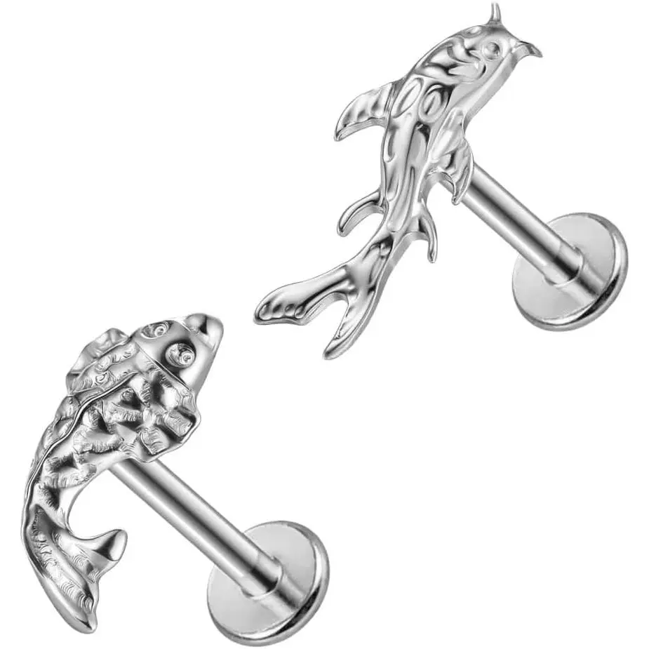 2 count Koi Fish  Mix Set, ASTM F136 Titanium Threadless Labret Studs with 6mm & 8mm Posts, 20G 18G 16G 14K  Plated Flat  Earrings for Helix Tragus Conch