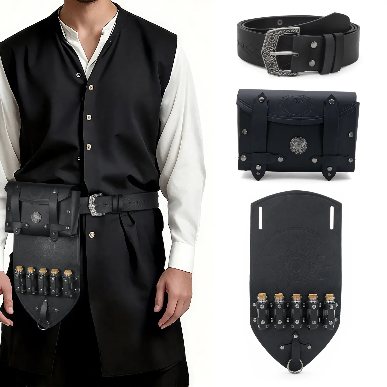 Effortless Black Medieval Viking Leather Belt Set with 5 Glass Potion Vials Sun Eye Drop Panel Waist Pouch Vintage Renaissance Faire Alchemist Sorcerer Wizard LARP Cosplay Halloween Costume Accessories Men Women