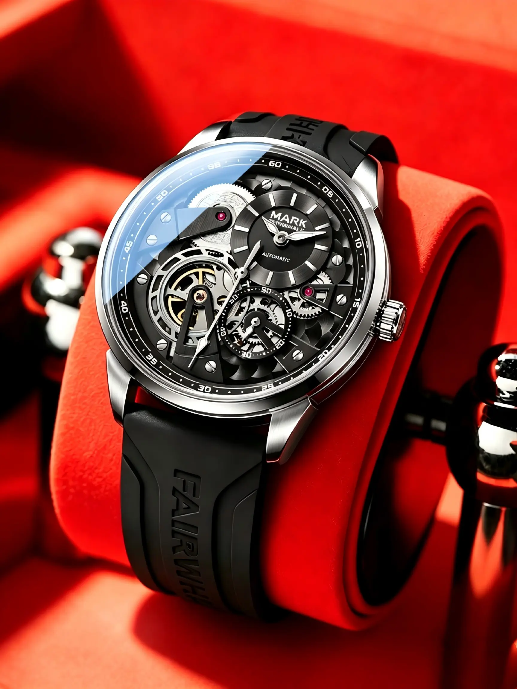 Mark Fairwhale Luxury Open Heart Mechanical Men's Watch, Silver Color, Large Dial, Night Light, Waterproof, Silicone Strap, Fw-6042
