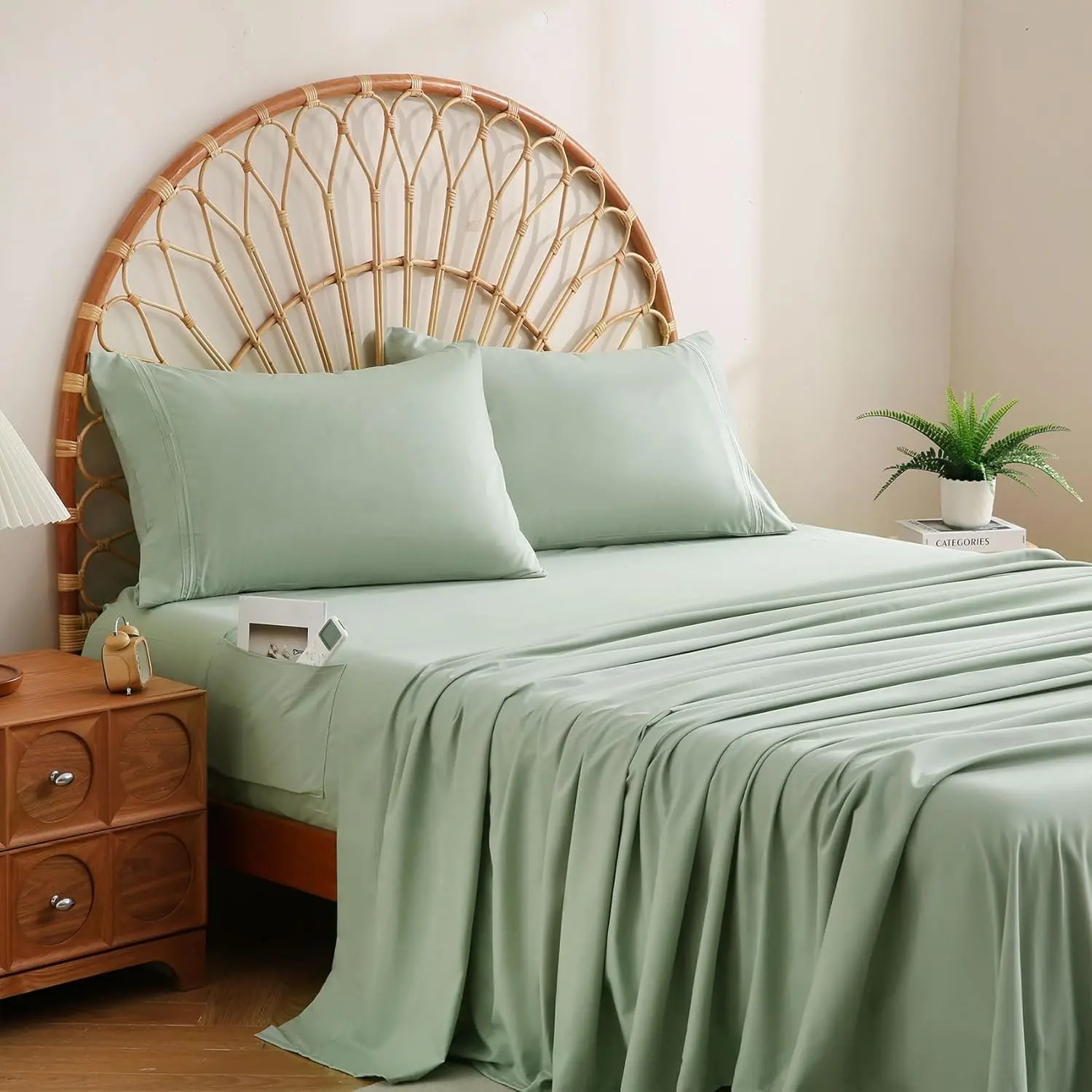 Sage Green Twin Size Bed Sheet Set with Side Pocket, 3-Piece Kids Microfiber Deep Pocket Sheets, Three Pieces
