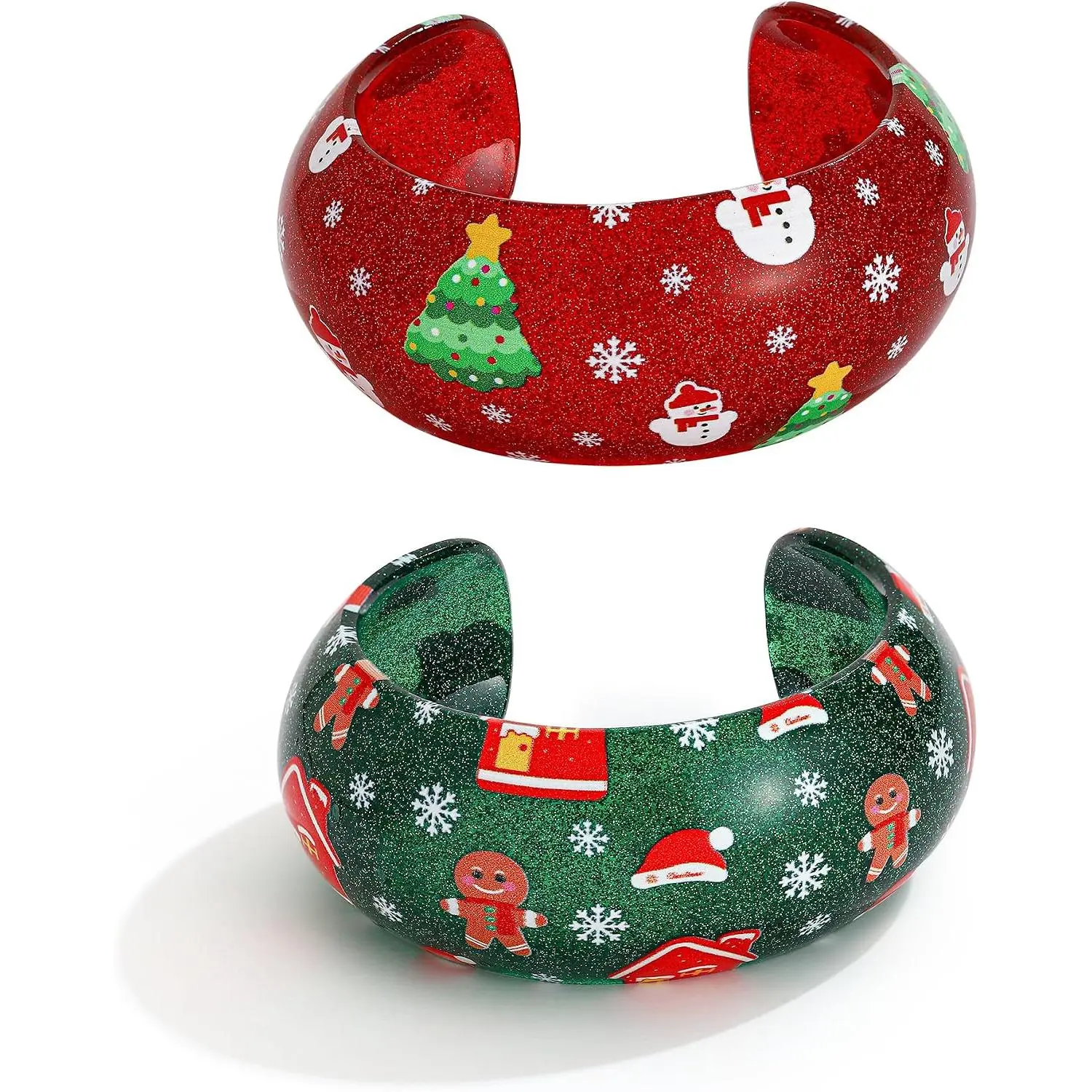 Chunky Christmas Bracelet Set for Women Lightweight   Bangle Xmas Tree Candy Cane House Bracelets Stackable Bangles