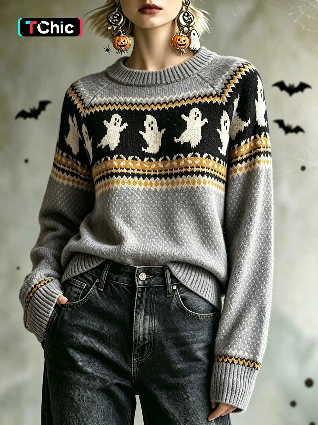Women's Fall/Winter Round Neck Fair Isle Ghost Contrast Jacquard Loose Long Sleeve Knit Pullover Top – Halloween Vibe Lazy Style Wear