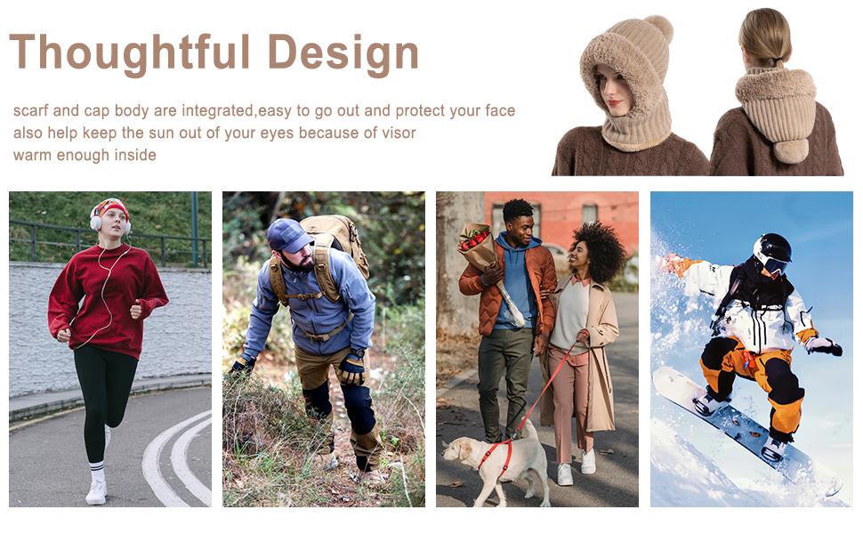Women’s Knit Beanie Set - Fleece Lined Winter Hat Scarf Mask Plush Earmuff with Pompom Snow Cap​