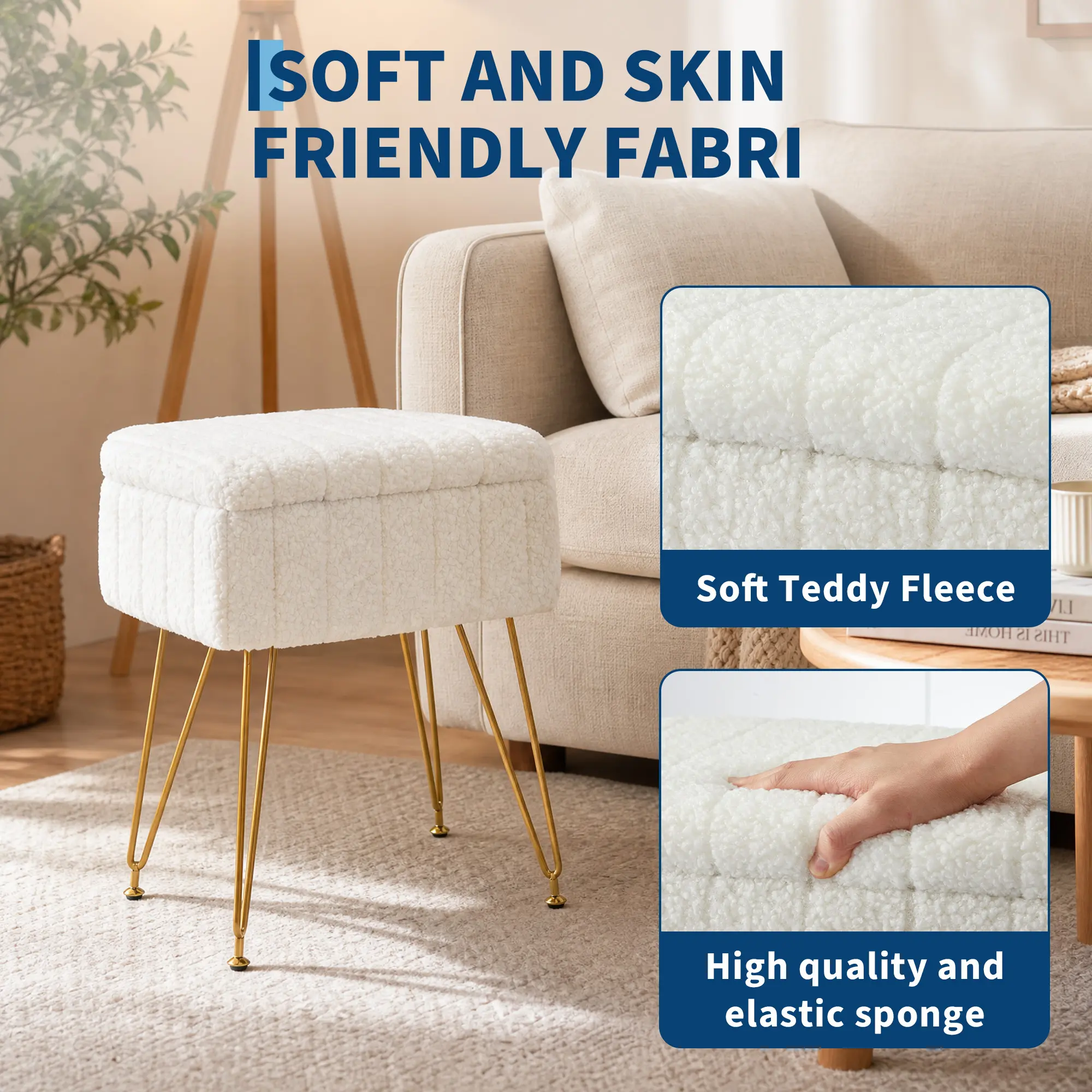IdealHouse Soft Faux Rabbit Fur Vanity Stool with Storage Footrest Ottoman - Sturdy Build, Durable Padded Seat, Metal Legs, Anti-Slip Feet, Extra Seating for Organized Living in Bedroom - White/Pink/Black