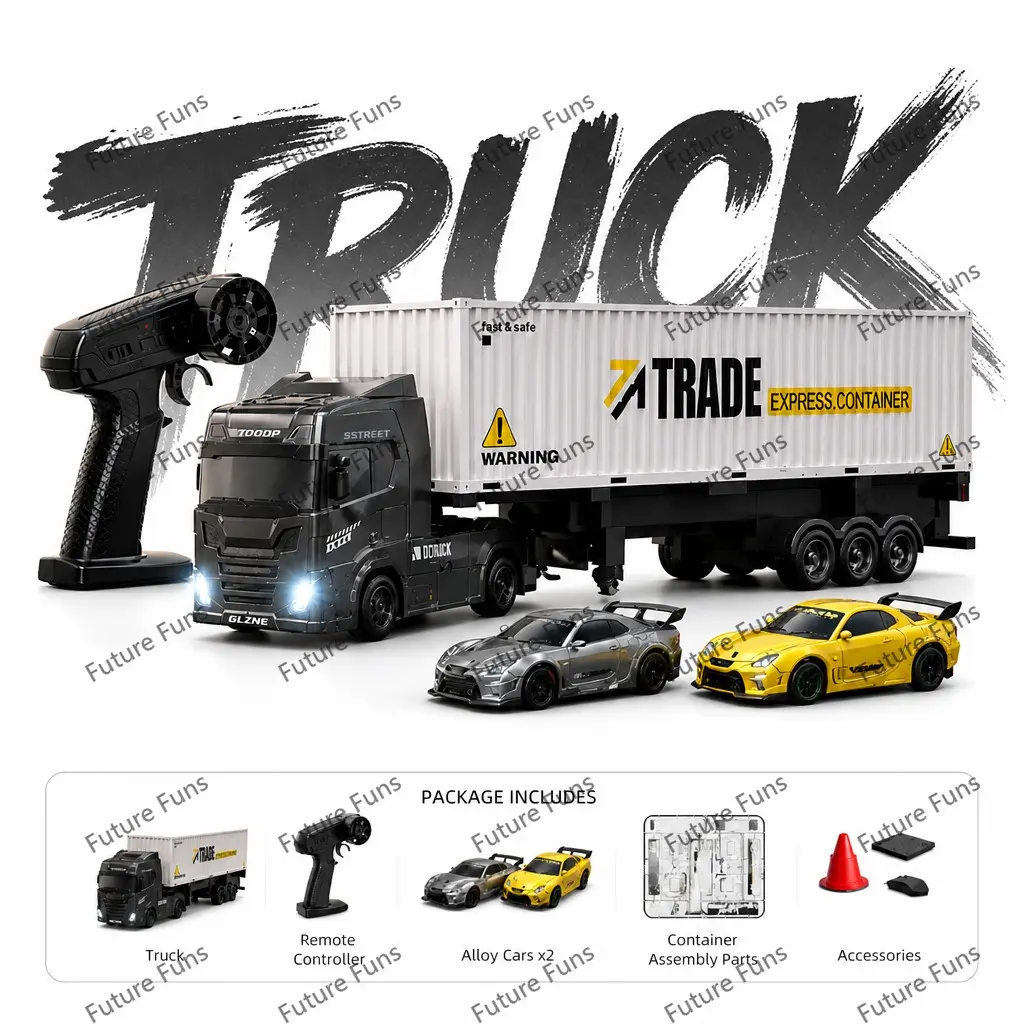 1/64 Scale Remote Control Trailer Toy, Driftable Detachable Multi-Mode, 2.4g RC with Realistic Lights, Includes 2 Wind-Up Cars, Unisex Gift