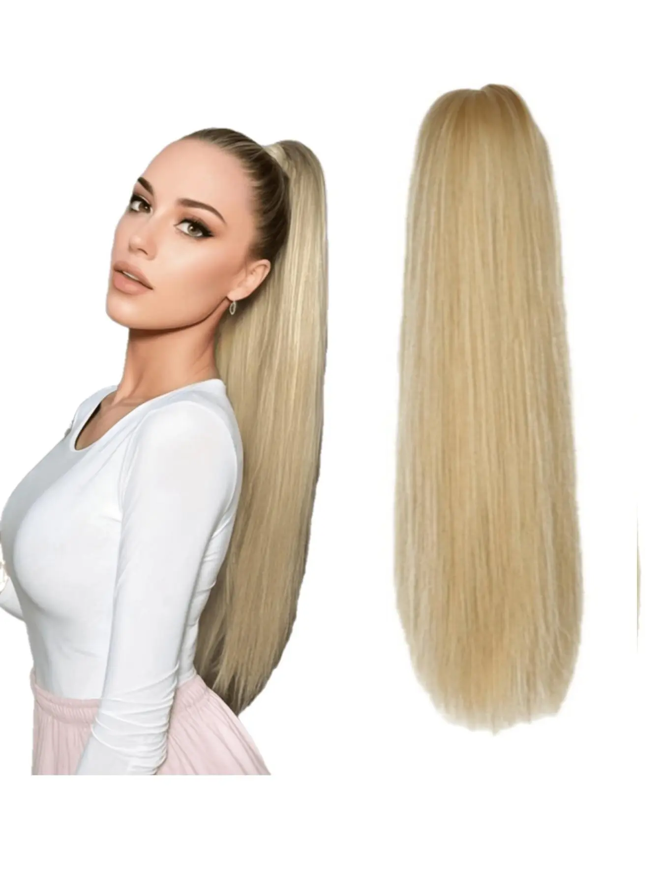 24-Inch Claw Clip Ponytail Extension - Heat Resistant, Long Straight Synthetic Hair Extensions, Synthetic Ponytail Hairpieces in Black, Brown, Blonde for Women & Girls - Straight Hair Claw Clip Ponytail Wig