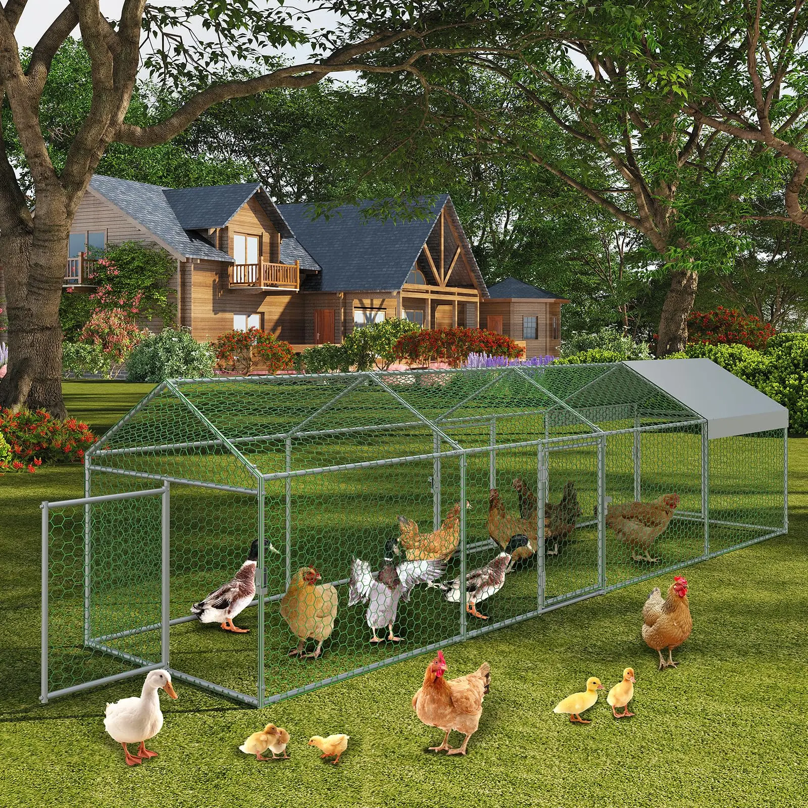 Spacious Walk-In Chicken Coop – Large Metal Poultry Cage 160"x40"x40" with Waterproof UV Cover, 4 Doors – Outdoor Hen House for Chicken, Duck, Rabbit, Goose – Durable Construction