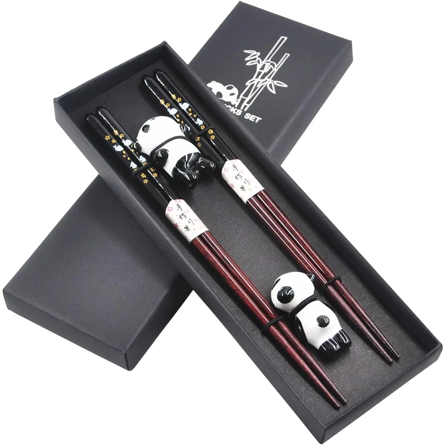 Wooden  Chopsticks  with Ceramic Panda Holders 2 Pair | 9-Inch, Elegant  Set for Sushi Lovers Couples